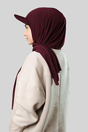Bordo Pratik Hazır Geçmeli Şapkalı Tesettür Şal Sandy Düz 3008_16
