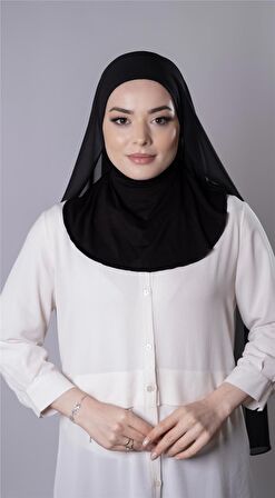 Siyah Pratik Hazır Geçmeli Şal Şifon Kumaş Hijab Bone 3009_01