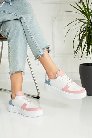 Pudra Bebe Mavi Düz Hafif Dikişli Taban Bağcıklı Günlük Ortapedik İç Taban Kadın Sneaker