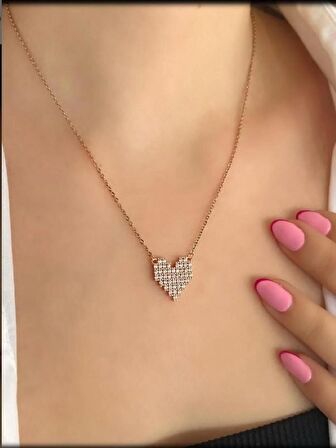 Kalp Şeklinde Rose Renk Kalp Taşlı Kararmaz Antialerjik Çelik Kolye