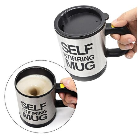 Kişiye Özel Kendini Karıştıran Mikser Kupa Termos Bardak Siyah - Self Stirring Mug