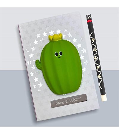 Kişiye Özel Sevimli Sarı Çiçekli Kaktüs Squishy Defter ve Ayıcık Bisküvi Tükenmez Kalem