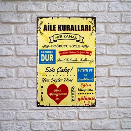 Aıle Kuralları Ahşap Duvar ve Kapı Süsü- Retro Ahşap Pano 28 x 20