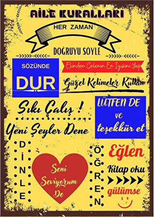 Aıle Kuralları Ahşap Duvar ve Kapı Süsü- Retro Ahşap Pano 28 x 20