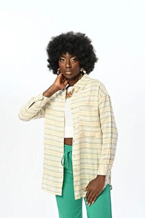 KADIN TEK CEPLİ YATAY ÇİZGİLİ GÖMLEK