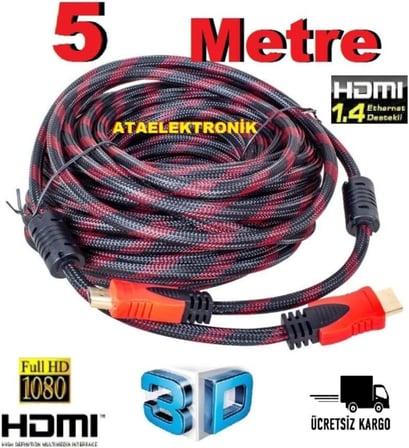 PC ile TV arası 5 METRE Ses Ve Görüntü Kablosu HDMI GOLD ALTIN Kablo Full HD 3D 1080P 4K - ÖRGÜLÜ
