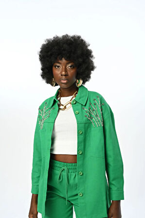 KADIN ROBASI TAŞ İŞLEMELİ ÇİFT CEPLİ GABARDİN CEKET