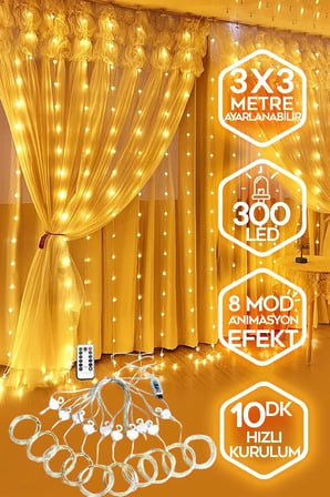 Kumandalı Peri Tel LED Aydınlatma 300 LEDLİ Perde Işık 10 Saçaklı 3x3 Metre Dekoratif Duvar Işığı Parti Ve Yılbaşı Süsü USB Kablolu