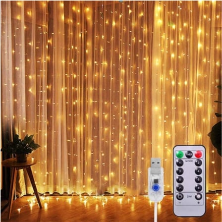 Kumandalı Peri Tel LED Aydınlatma 300 LEDLİ Perde Işık 10 Saçaklı 3x3 Metre Dekoratif Duvar Işığı Parti Ve Yılbaşı Süsü USB Kablolu