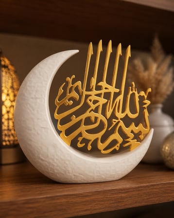 Besmele Yazılı Hilal Dekoratif Obje Beyaz Altın İslami Masaüstü Süs Hediyelik 3D Baskı