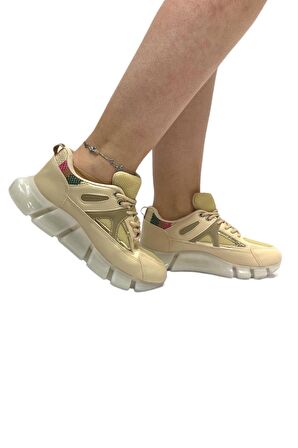 Şeffaf Yüksek Taban Kadın Sneaker Spor Ayakkabı Bej