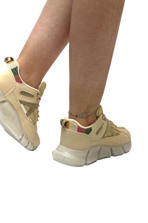 Şeffaf Yüksek Taban Kadın Sneaker Spor Ayakkabı Bej