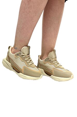 Yüksek Taban Kadın Spor Ayakkabı Sneaker Bej