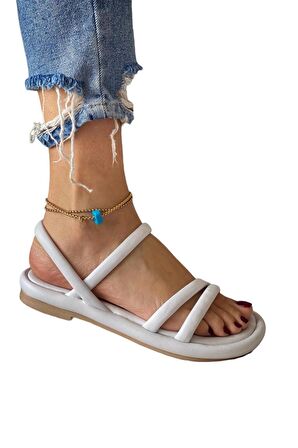 Ortapedik Kadın Sandalet Çift Bantlı Anatomik Rahat Puf Taban Beyaz