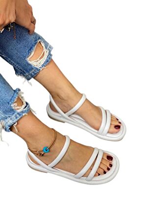 Ortapedik Kadın Sandalet Çift Bantlı Anatomik Rahat Puf Taban Beyaz