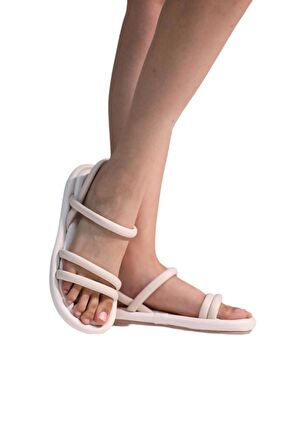Ortapedik Kadın Sandalet Çift Bantlı Anatomik Rahat Puf Taban Bej
