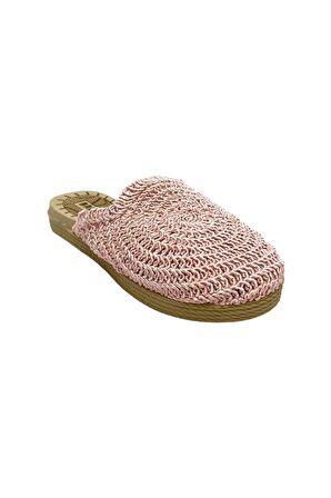 Kadın Pudra Hasır Örgü İşlemeli Önü Kapalı Günlük Rahat Terlik