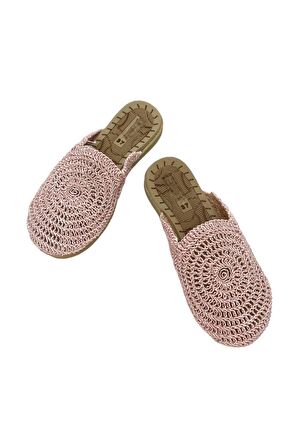 Kadın Pudra Hasır Örgü İşlemeli Önü Kapalı Günlük Rahat Terlik