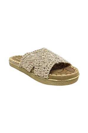 Kadın Bej Örgülü Günlük Rahat Terlik