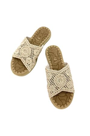 Kadın Bej Örgülü Günlük Rahat Terlik