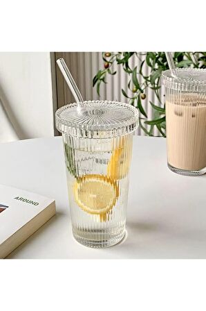 1 Adet Tekli Pinterest Model Origami Çizgili Mika Kapaklı Cam Pipetli Bardak