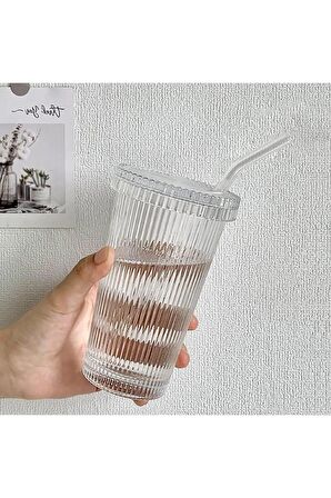 1 Adet Tekli Pinterest Model Origami Çizgili Mika Kapaklı Cam Pipetli Bardak