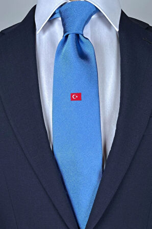 Ahşap Hediye Kutulu Türk Bayrağı Desenli Mavi Ipek Kravat