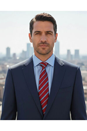 Mavi Çizgili 8 Cm Genişliğinde Klasik Kırmızı Kravat