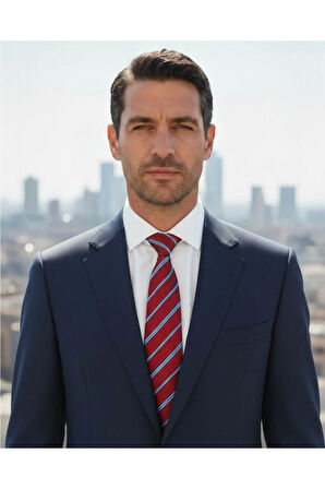 Mavi Çizgili 8 Cm Genişliğinde Klasik Kırmızı Kravat