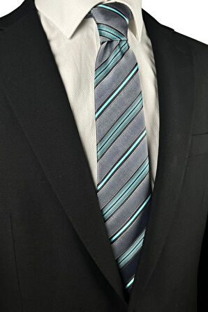 Gri Mavi Çizgili Kravat