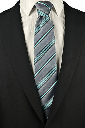 Gri Mavi Çizgili Kravat
