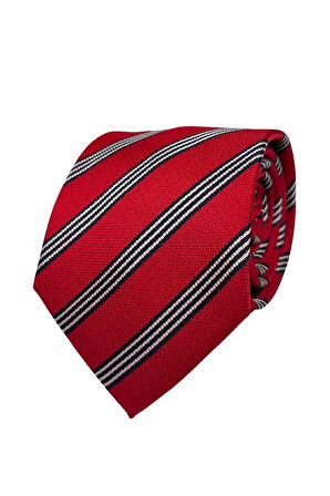 Lacivert Beyaz Çizgili 8 Cm Genişliğinde Kırmızı Kravat