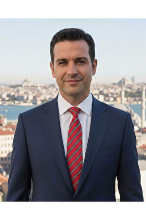 Lacivert Beyaz Çizgili 8 Cm Genişliğinde Kırmızı Kravat