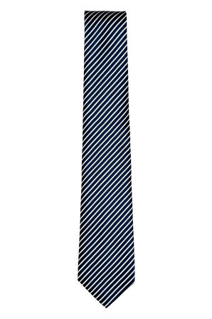 7 Cm Genişliğinde Lacivert Beyaz Çizgili Ince Kravat