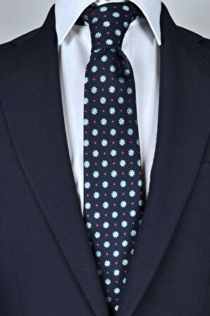 Mavi Çiçek Desenli 8 Cm Genişliğinde Klasik Lacivert Kravat