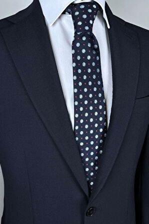 Mavi Çiçek Desenli 8 Cm Genişliğinde Klasik Lacivert Kravat