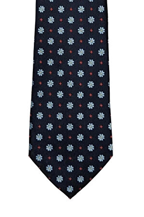 Mavi Çiçek Desenli 8 Cm Genişliğinde Klasik Lacivert Kravat