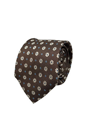 Çiçek Desenli 8 Cm Genişliğinde Kahverengi Kravat