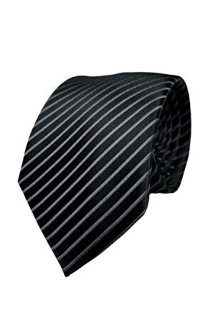 Gri Çizgili 7 Cm Genişliğinde Ince Siyah Kravat