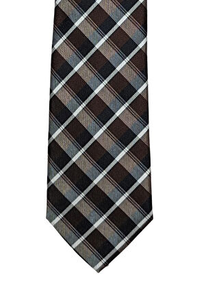 Kahverengi Lacivert Ekose Desenli 7 Cm Genişliğinde İnce Kravat