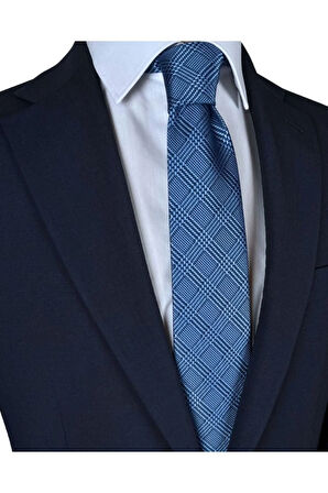 Lacivert Renkli Ekose Desenli 7 Cm Genişliğinde Ince Kravat