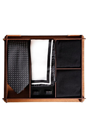 Erkek Aksesuar Seti - Ipek Kravat, Ipek Mendil, Kol Düğmeleri, Bambu Çorap