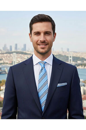 Mendilli Mavi Kravat Ve Kol Düğmeli Erkek Hediye Seti