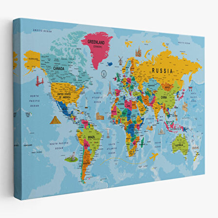 Harita Sepeti Dünya Haritası Kanvas Tablo Son Derece Detaylı Dekoratif Okyanuslu-2023
