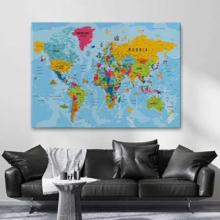 Harita Sepeti Dünya Haritası Kanvas Tablo Son Derece Detaylı Dekoratif Okyanuslu-2023