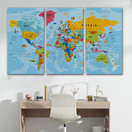 Harita Sepeti Dünya Haritası Kanvas Tablo Son Derece Detaylı Dekoratif Okyanuslu-2023