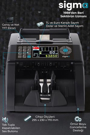 Sigmapro SC 8520 TL, Euro Karışık, Dolar ve GBP Adet Sayım Sahte Kontrollü Ofis Tipi Para Sayma Makinesi
