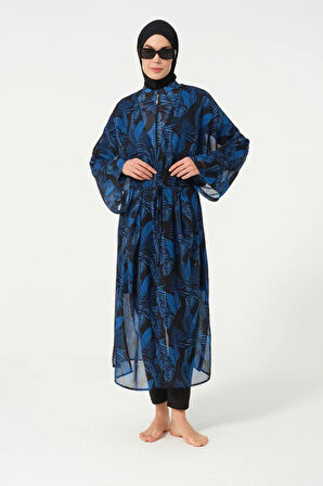Tesmay 2004 Lacivert Yapraklı Pareo Tesettür Mayo Üzerine  Kaftan 