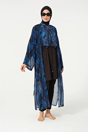 Tesmay 2004 Lacivert Yapraklı Pareo Tesettür Mayo Üzerine  Kaftan 