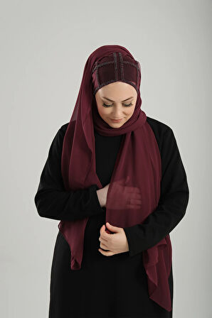 Bordo Arkadan Bağlamalı Abiye Şal Şifon Kare Desenli Taşlı 1900_16